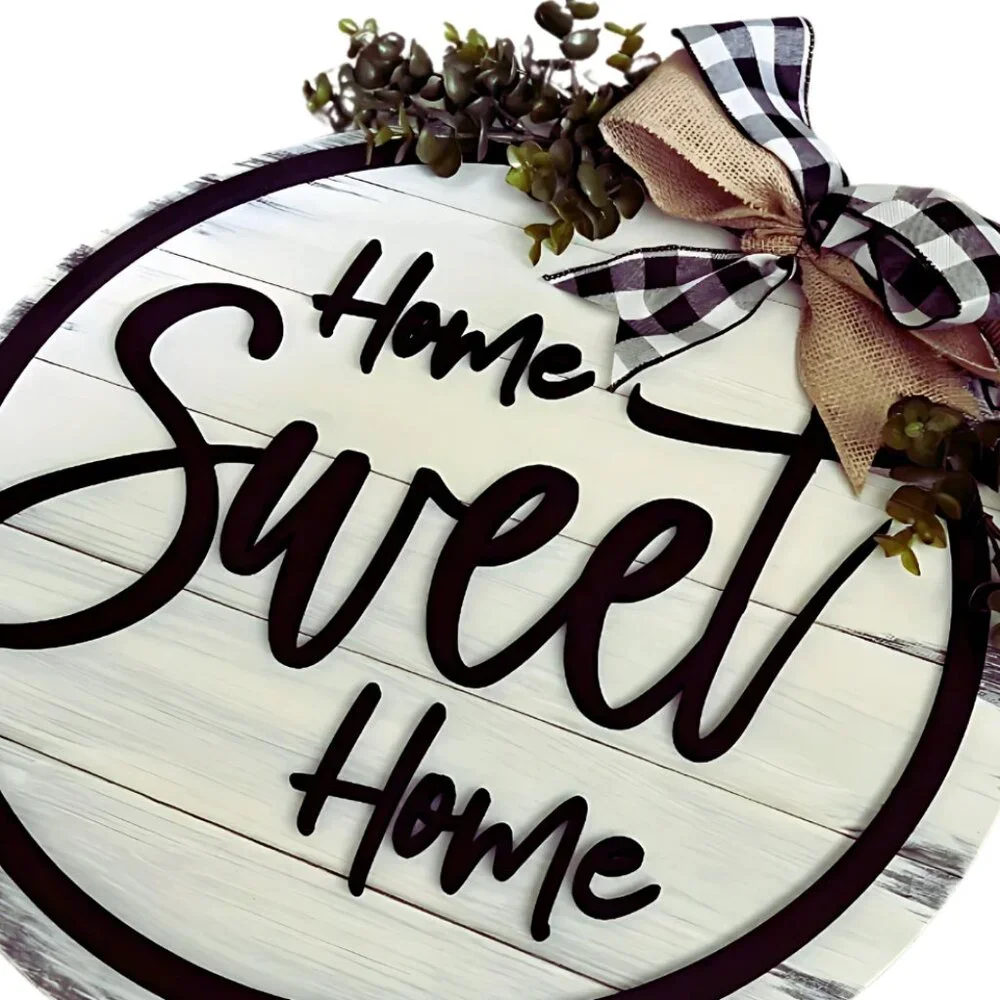 Home Sweet Home Front Door Hanging Sign with Buffalo Check Bow Farmhouse Shiplap